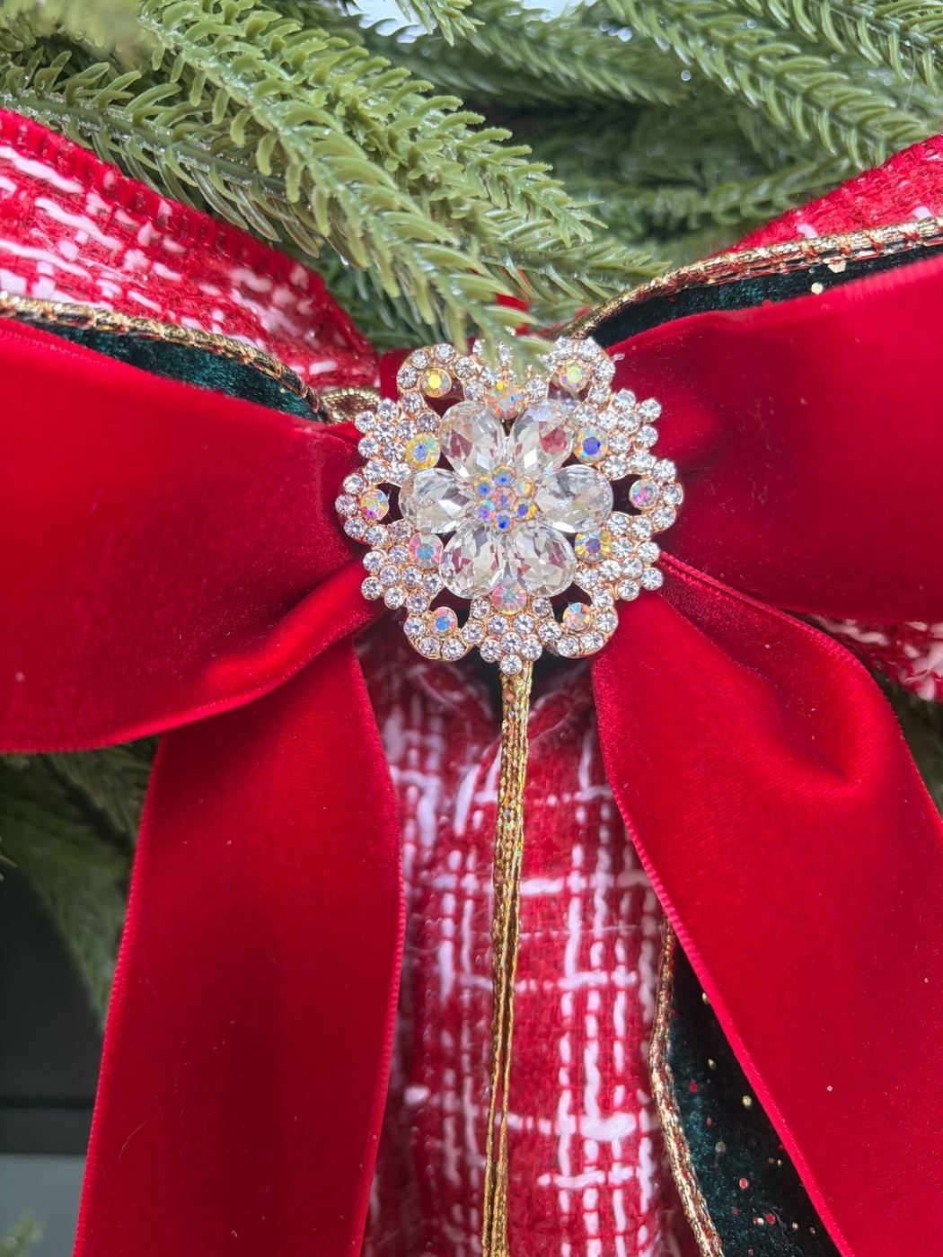 Rich velvet red ribbon with sparkling ornament embellishment