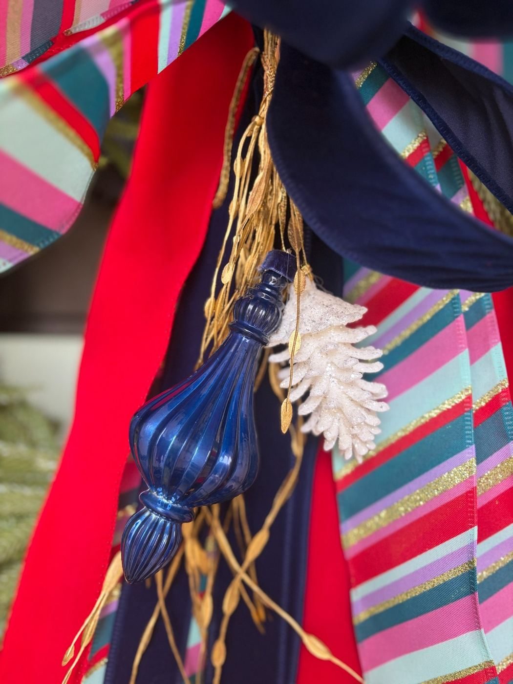 Colorful striped ribbon with decorative ornaments